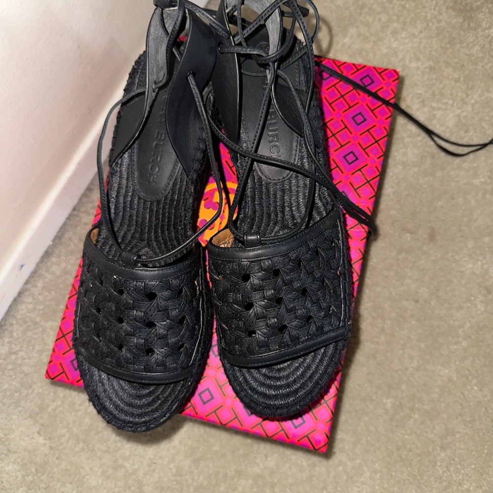 Tory Burch Basket Weave Flatform Espadrille Black Platform 8 M LIKE NEW